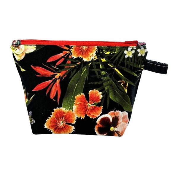 Handmade Upcycled Denim Floral Print Cotton Cosmetic Makeup Zipper Pouch Bag - Picture 3 of 8